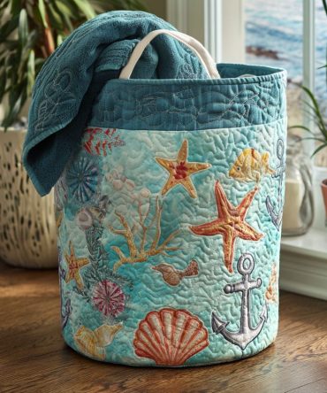 Shoreline Serenity Quilted Laundry Hamper — Coastal-Inspired Collapsible Fabric Basket With Handles For Beach Houses & Bathrooms