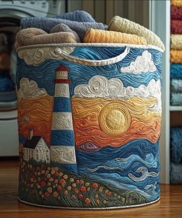 Shoreline Spirit Quilted Storage Hamper — Coastal-Inspired Collapsible Laundry & Blanket Basket With Durable Handles For Beachy Bedroom Decor