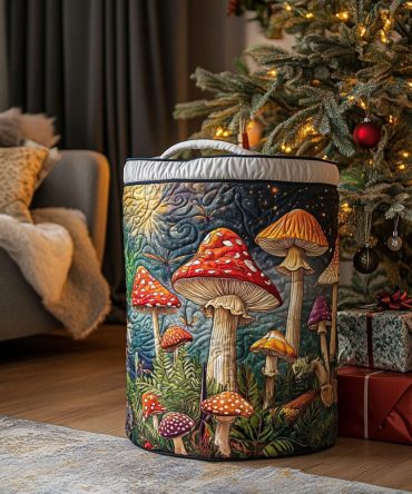 Shroom Forest Quilted Laundry Hamper - Colorful Mushroom Print Foldable Fabric Storage Basket With Handles For Playrooms & Bedrooms