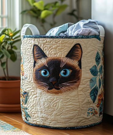 Siamese Cat Joy Quilted Laundry Hamper — Elegant Foldable Fabric Laundry Basket With Handles For Stylish Bedrooms & Dorms