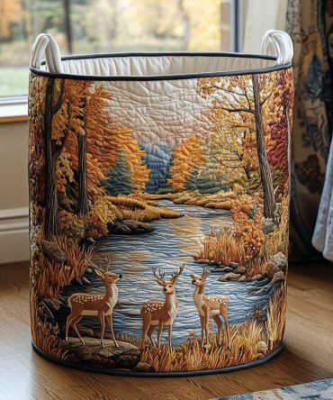 Silent Deer Quilted Laundry Hamper - Elegant Woodland Fabric Basket, Collapsible Storage Solution For Clothes & Blankets