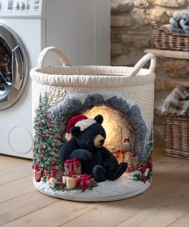 Silent Frost Bear Quilted Laundry Hamper — Charming Bear Motif Fabric Basket, Large Collapsible Hamper With Reinforced Handles For Stylish Home Storage