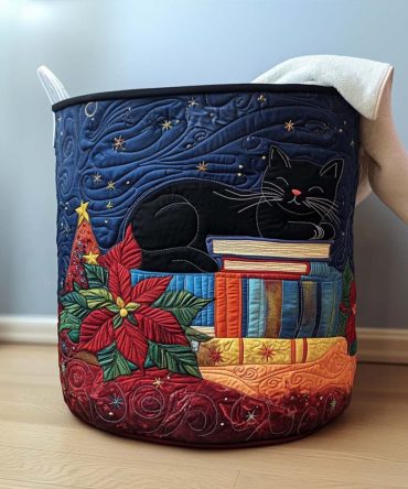 Cozy Quilted Laundry Hamper With Silent Night Storybook Print — Foldable Fabric Basket With Handles, Sturdy & Decorative