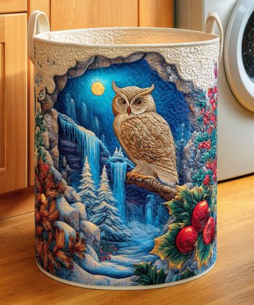 Silent Owl Quilted Laundry Hamper - Elegant Owl Design Foldable Fabric Basket, Durable Home Storage For Bedroom & Nursery