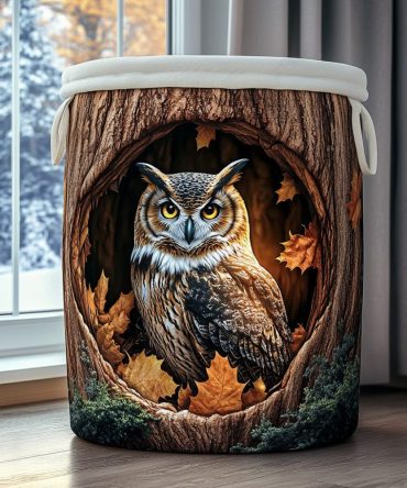 Silent Owl Quilted Fabric Hamper — Large Quilted Laundry Basket With Reinforced Base, Foldable & Carry Handles For Nursery, Bedroom, Dorm