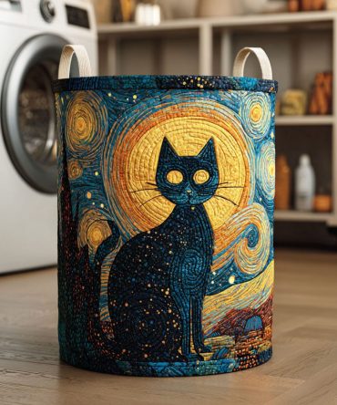 Silent Prowl Quilted Laundry Hamper — Sleek Cat Print Collapsible Fabric Basket, Quilted Organizer With Handles For Pet Lovers