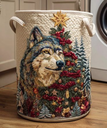 Silent Snow Howl Quilted Laundry Hamper — Winter-Themed Fabric Basket With Handles, Foldable Laundry Organizer For Cozy Spaces
