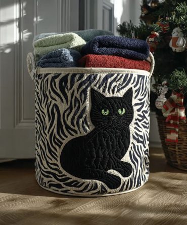 Silken Whisker Quilted Laundry Hamper — Luxurious Cat-Accented Foldable Basket With Handles , Soft Padded Laundry Organizer