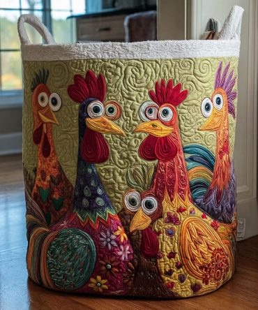 Whimsical Silly Clucks Quilted Laundry Hamper — Farmyard Chicken Print Fabric Basket, Collapsible Organizer For Kitchen Or Laundry