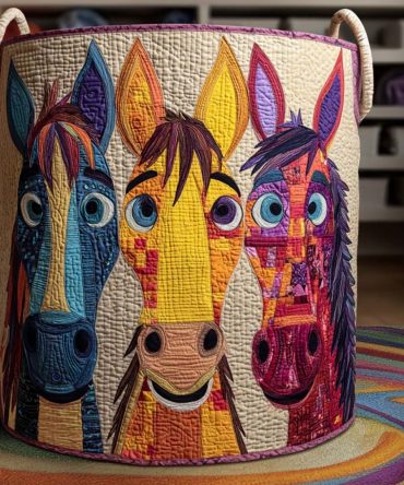 Silly Stallions Kids Quilted Laundry Hamper — Fun Horse Print Fabric Laundry Basket, Collapsible Children'S Hamper With Handles