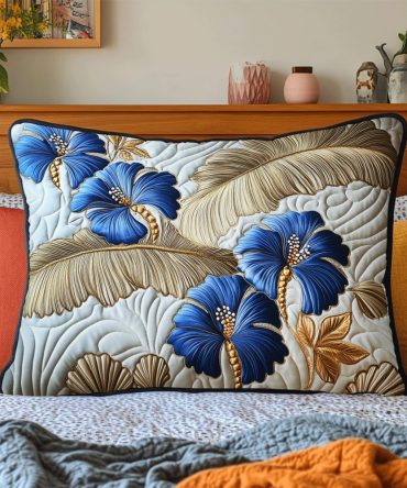 Silver Hibiscus Quilted Pillowcase — Elegant Tropical Floral Quilted Pillow Cover For Modern Bedroom, Coastal & Resort-Inspired Decor