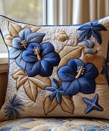 Silver Hibiscus Quilted Throw Pillow Cover — Subtle Metallic Floral Accent, Soft Quilting, Easy-Care Decorative Sleeve