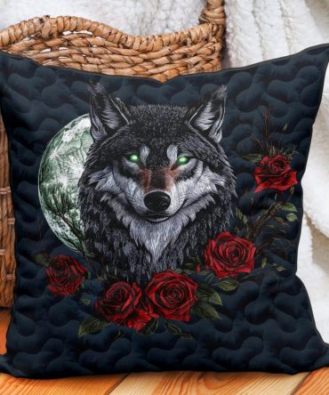 Silver Moon Wolf Quilted Decorative Pillow Cover — Mystical Wildlife Accent For Couch & Bed, Soft Quilted Cotton, Hypoallergenic, Easy-Care