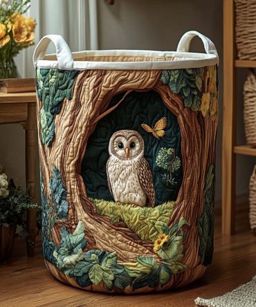 Single Owl Cozy Burrow Quilted Laundry Hamper – Cute Collapsible Fabric Basket With Handles, Adorable Nursery & Kids Room Storage Solution