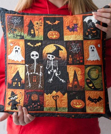 Skeleton Dance Quilted Pillow Cover — Spooky Chic Skeleton Pattern Decorative Throw Pillow Case, Quilted Accent For Halloween & Gothic Interiors