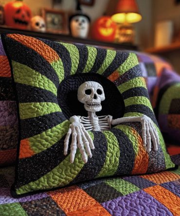 Skeleton Snare Quilted Pillow Cover — Spooky Skeleton Halloween Throw Pillow Case, Quilted Haunted Sham With Hidden Zipper, Party-Ready Home Decor