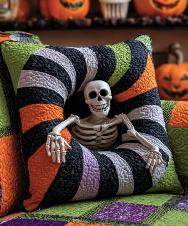 Skeleton Spiral Quilted Pillow Cover — Macabre Halloween Accent With Intricate Skeleton Spiral Print, Soft Quilting, Zippered Removable Case