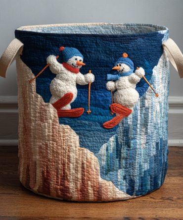 Skiing Snowman Alp Quilted Laundry Hamper - Playful Snowman Ski Print Storage Basket, Collapsible Winter Laundry Organizer