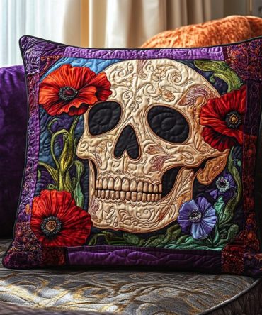 Skull & Blooms Quilted Decorative Pillow Cover — Elegant Skull With Floral Accents, Textured Throw Pillow Case For Chic Homes