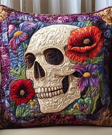 Dia De Los Muertos Quilted Skull Pillow Cover — Gothic Chic Decorative Throw Accent With Floral Skull Art, Machine Washable, Premium Fabric, Gift-Ready