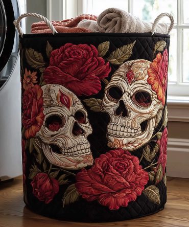 Skull Bloom Quilted Laundry Hamper – Romantic Gothic Foldable Laundry Basket, Decorative Storage For Bedroom & Bath