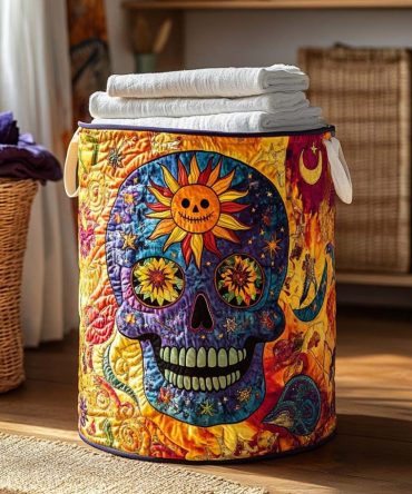 Skull Fiesta Quilted Laundry Hamper - Edgy Day Of The Dead Foldable Basket With Padded Walls, Reinforced Handles & Bold Decorative Storage