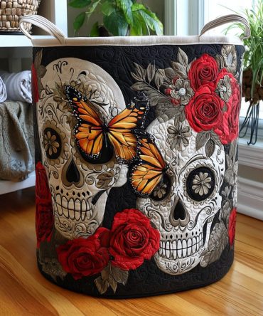 Skull Fiesta Quilted Laundry Hamper — Festive Skull Print Fabric Hamper With Handles, Collapsible Storage For Home & Seasonal Decor