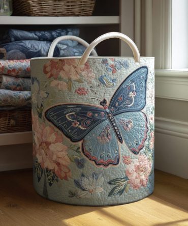 Sky Flutter Quilted Laundry Hamper — Airy Blue Butterfly Quilted Laundry Basket, Collapsible & Lightweight With Durable Carry Handles