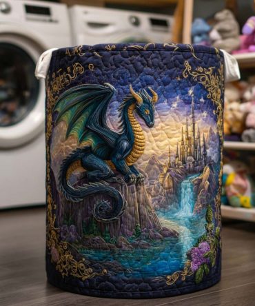 Sky Serpent Quilted Laundry Basket - Mythical Serpent Print Fabric Hamper, Large Capacity, Foldable Fabric Hamper With Sturdy Handles & Easy-Care