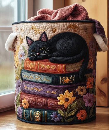 Sleeping Books Quilted Fabric Laundry Hamper — Literary-Themed Foldable Laundry Basket With Handles For Cozy Bedrooms & Dorms