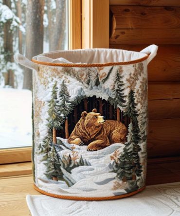 Sleepy Bear Den Quilted Laundry Hamper — Cozy Kids Fabric Basket, Large Collapsible Washable Hamper With Handles For Toddlers & Nursery
