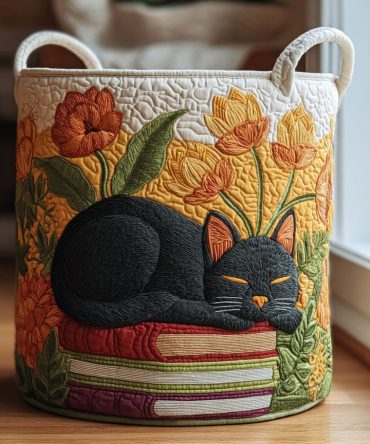 Sleepy Cat Quilted Laundry Hamper — Cute Quilted Fabric Laundry Basket With Soft Padding, Foldable Design & Carry Handles For Kids' Rooms & Nurseries