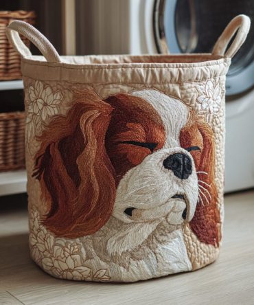 Regal King Charles Quilted Laundry Hamper - Plush Foldable Dog-Print Basket For Gentle Storage, Stylish Home & Nursery Use