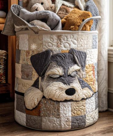 Charming Quilted Laundry Hamper — Sleepy Schnauzer Print, Foldable Fabric Storage With Reinforced Handles & Cozy Quilting
