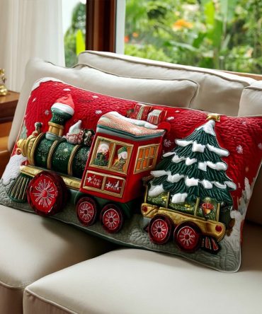 Sleigh-On-Rails Quilted Pillow Cover — Rustic Sleigh Motif Throw Pillow Case For Cozy Holiday Vibes In Living Room & Bedroom