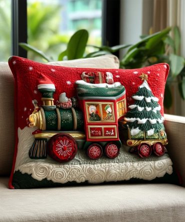 Vintage Sleigh-On-Rails Quilted Pillow Cover — Nostalgic Christmas Train & Sleigh Decorative Throw Pillowcase For Holiday Living Rooms