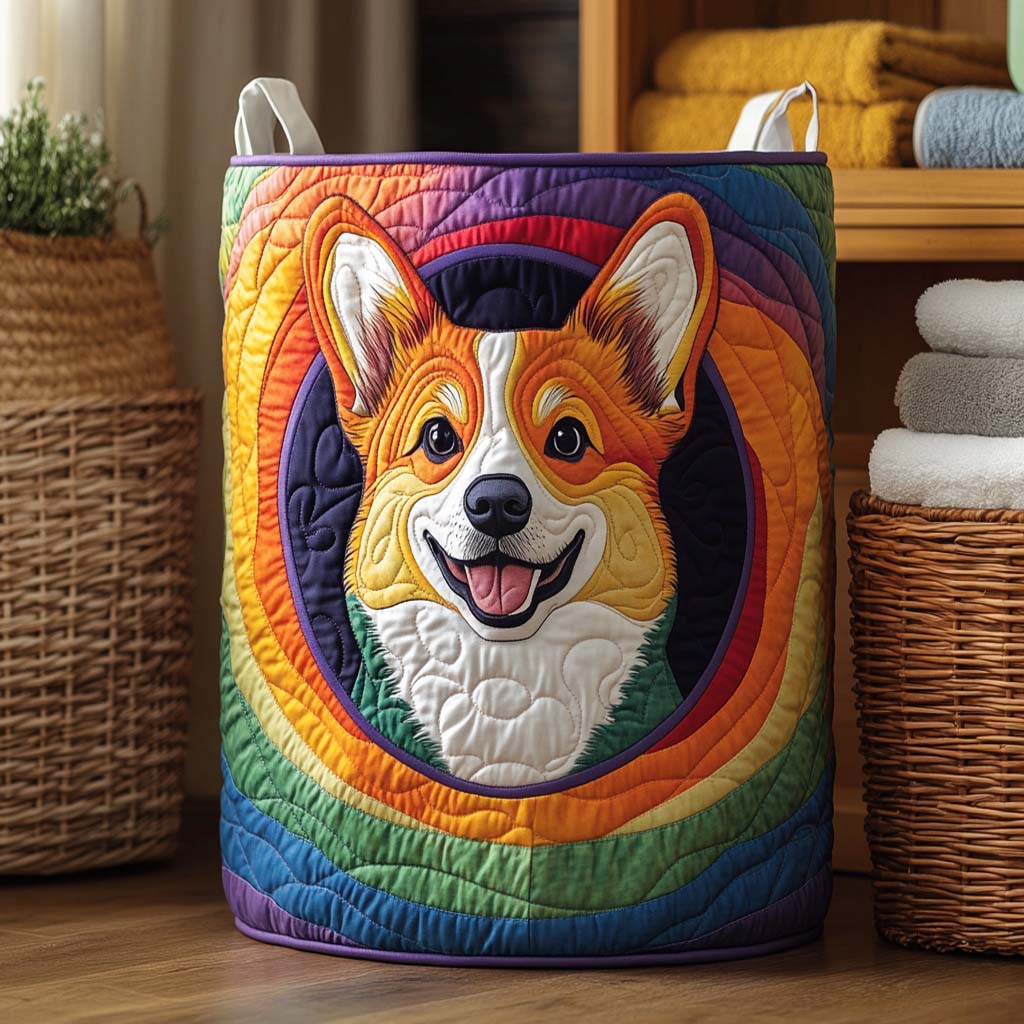 Smiling Corgi Patchwork Quilted Hamper — Charming Patchwork Corgi Laundry Basket, Soft Quilting, Collapsible With Reinforced Bottom