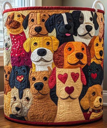 Smiling Dogs Quilted Fabric Laundry Hamper — Playful Foldable Laundry Basket With Strong Handles For Family Rooms & Kids’ Spaces