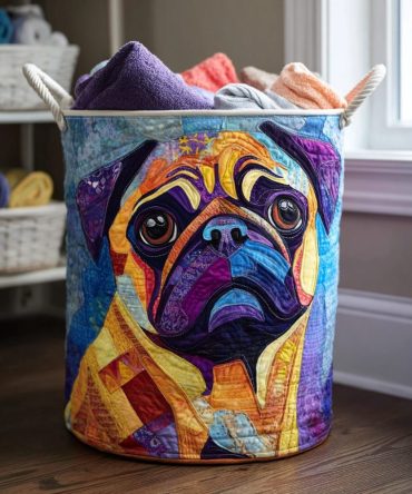 Smiling Pug Quilted Laundry Hamper — Cute Foldable Laundry Basket With Quilted Exterior, Spacious Capacity & Sturdy Carry Handles For Pet Lovers