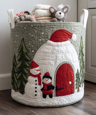 Premium Quilted Laundry Hamper – Snow Igloo Pattern Foldable Laundry Storage With Handles, Durable Washable Bedroom & Nursery Organizer