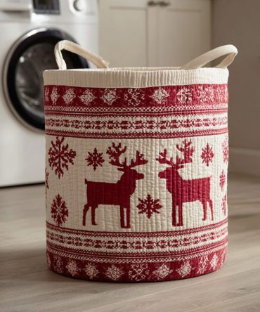Snow Lantern Night Quilted Laundry Hamper — Winter Lantern Pattern Foldable Fabric Basket For Holiday & Everyday Storage