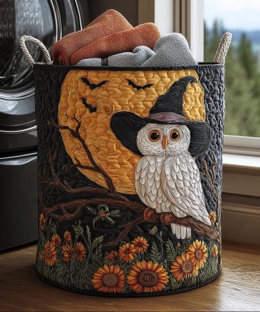 Snow Owl Halloween Quilted Laundry Hamper — Unique Winter-Halloween Fabric Laundry Basket, Washable Decorative Storage Bin