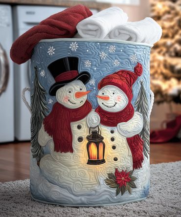 Snow Sweethearts Quilted Laundry Hamper — Romantic Holiday Storage Basket With Soft Quilting, Lightweight & Sturdy Handles