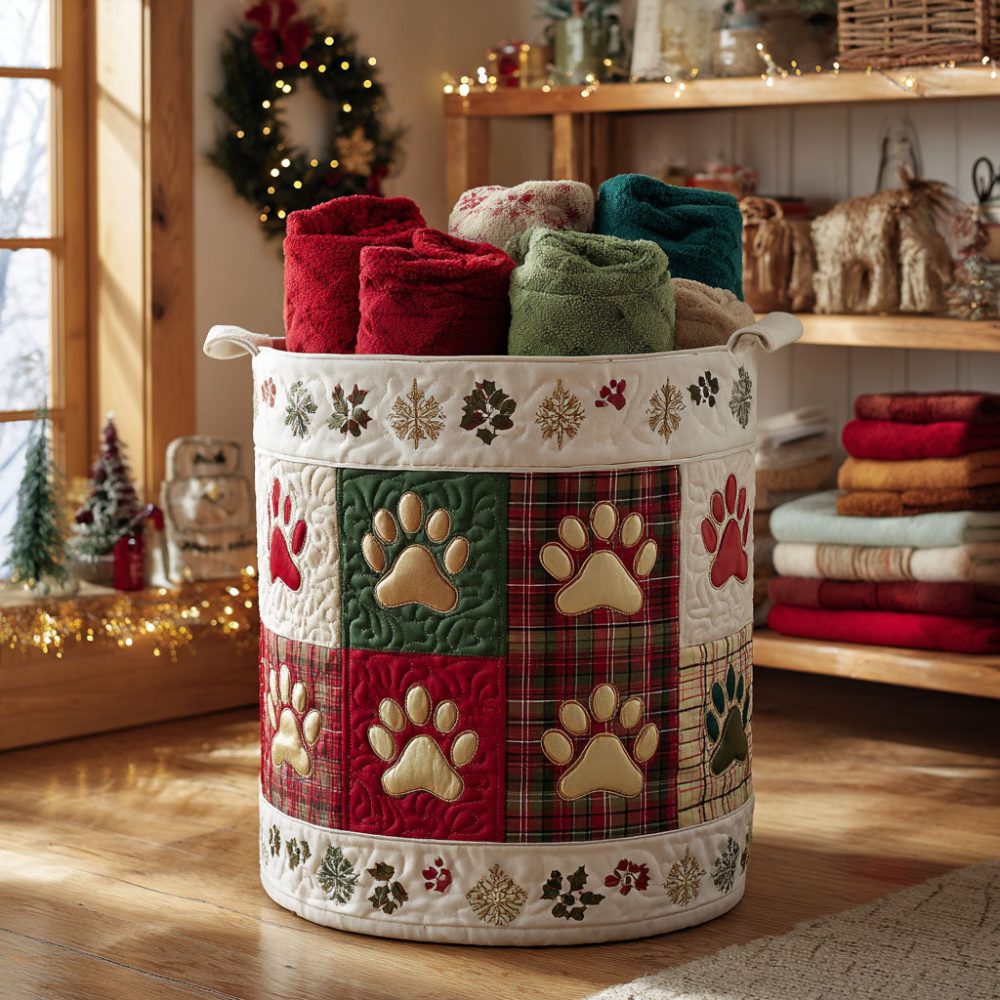 Snowberry Paw Cottage Quilted Laundry Hamper — Cozy Cottage-Style Paw Print Fabric Basket, Foldable Storage For Laundry & Linens