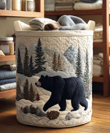 Snowbound Bear Quilted Laundry Hamper — Cozy Themed Fabric Laundry Bin With Handles, Collapsible Storage & Easy-Clean Cover