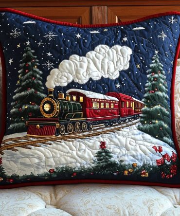 Snowbound Train Quilted Pillow Cover — Charming Winter Train Pattern Quilted Decorative Pillowcase For Cozy Holiday Interiors