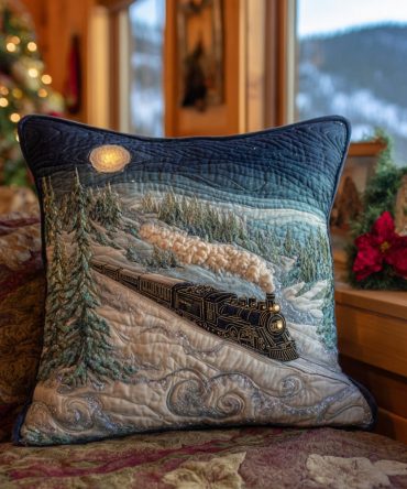 Snowfall Express Quilted Holiday Pillow Cover - Luxury Festive Train Throw Pillowcase For Christmas Mantel & Cozy Decor