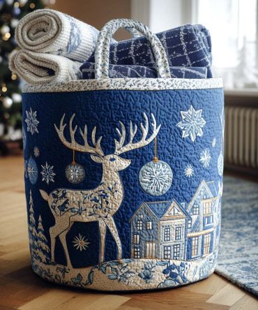 Snowfall Reindeer Quilted Laundry Hamper - Charming Winter Reindeer Fabric Basket, Collapsible & Lined For Christmas Storage And Décor