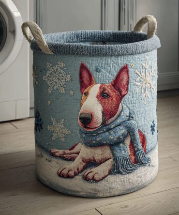 Snowflake Bull Terrier Quilted Laundry Hamper — Cozy Winter Dog Print Foldable Storage Basket For Seasonal Home Storage