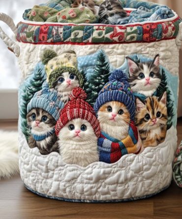 Snowflake Cat Quilted Laundry Hamper — Winter Cat & Snowflake Design, Quilted Fabric Basket With Handles For Festive Home Storage